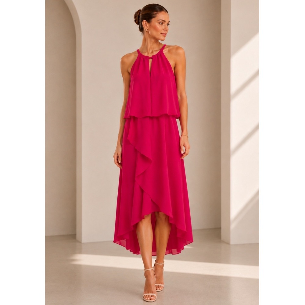 Adrianna Papell Women Pink Halter High Low Tiered Ruffle‎ Gown MIDI Dress 8